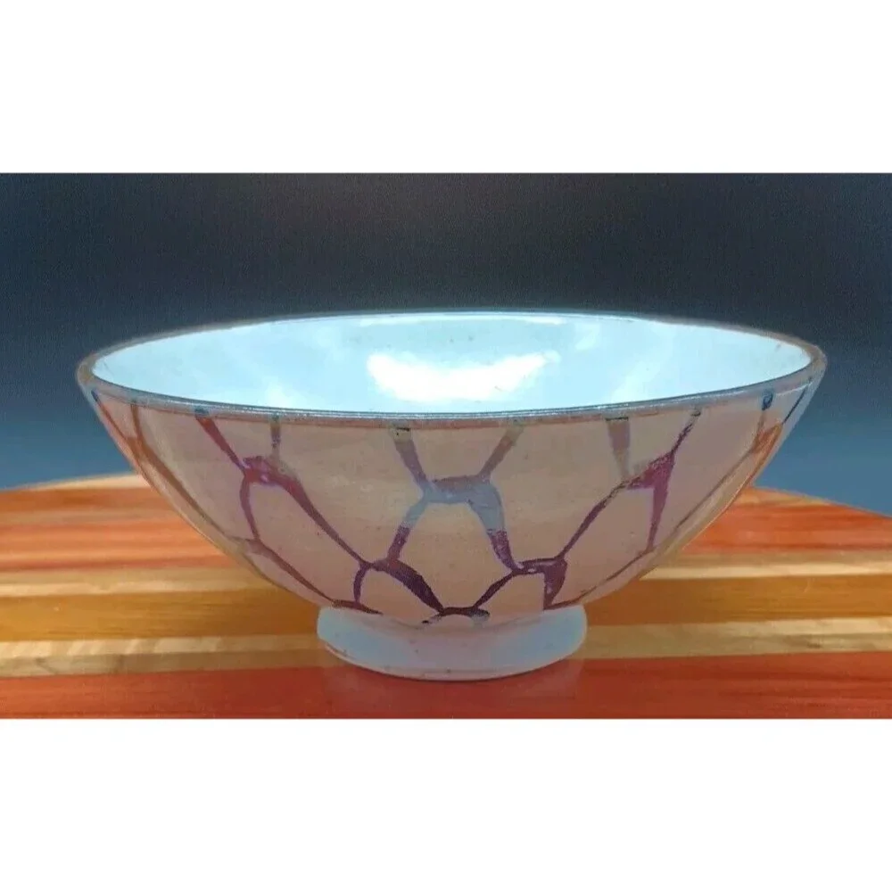 Vtg Footed Rice Bowl Blue Celedon Netted Design